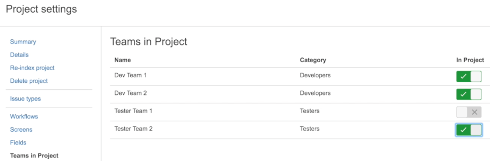 Teams in project page in project settings