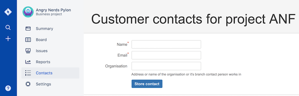 Customer contacts page for Business project