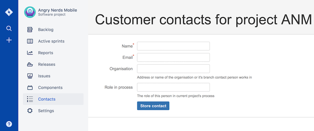Customer contacts page for Software project