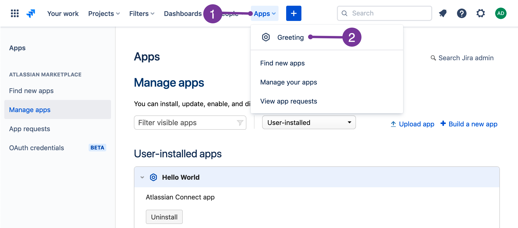 Opening the Hello World app from the Apps menu Greeting item