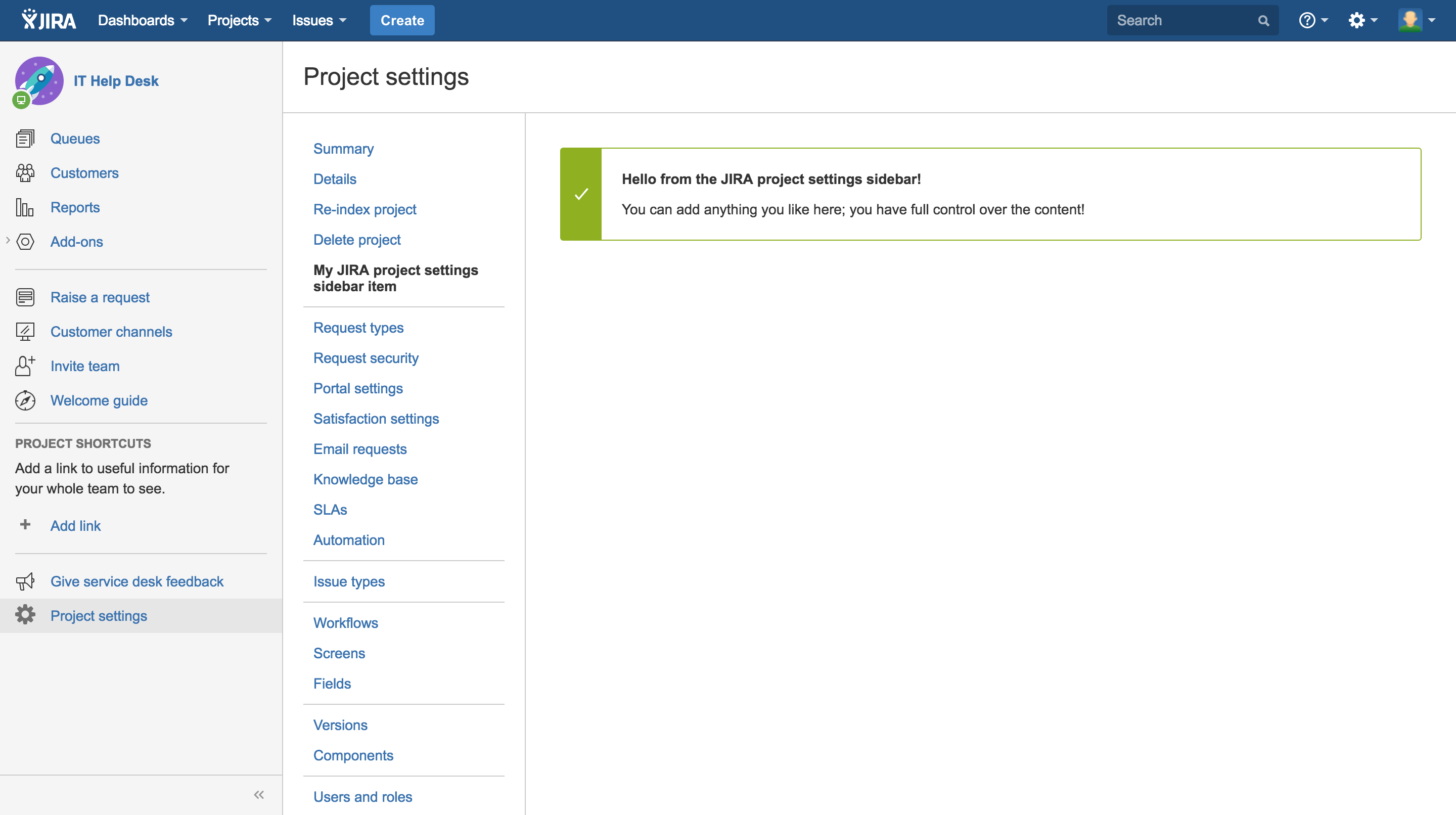 Jira Service Desk page showing custom configuration page
