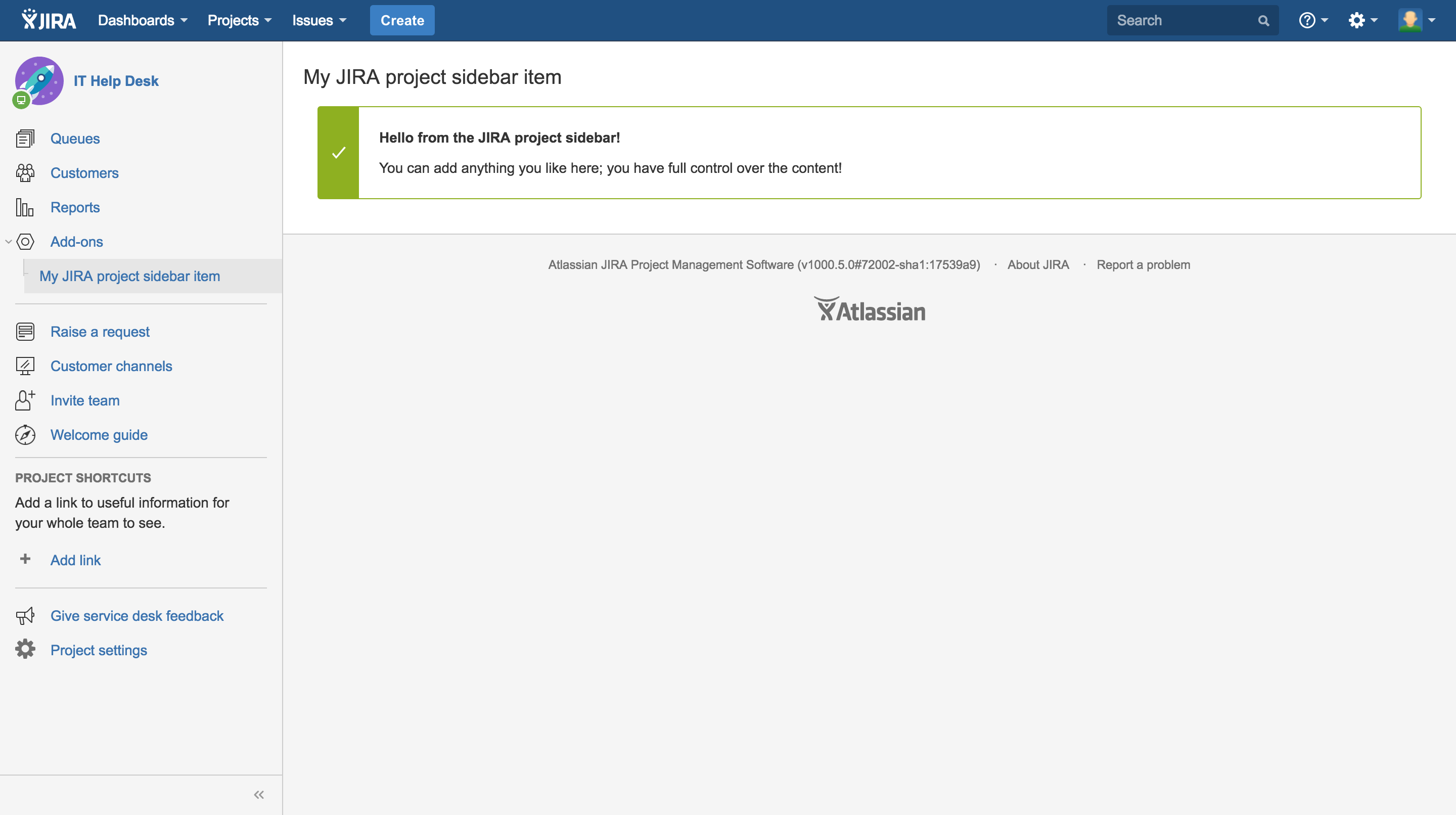 Jira Service Desk page showing new sidebar item