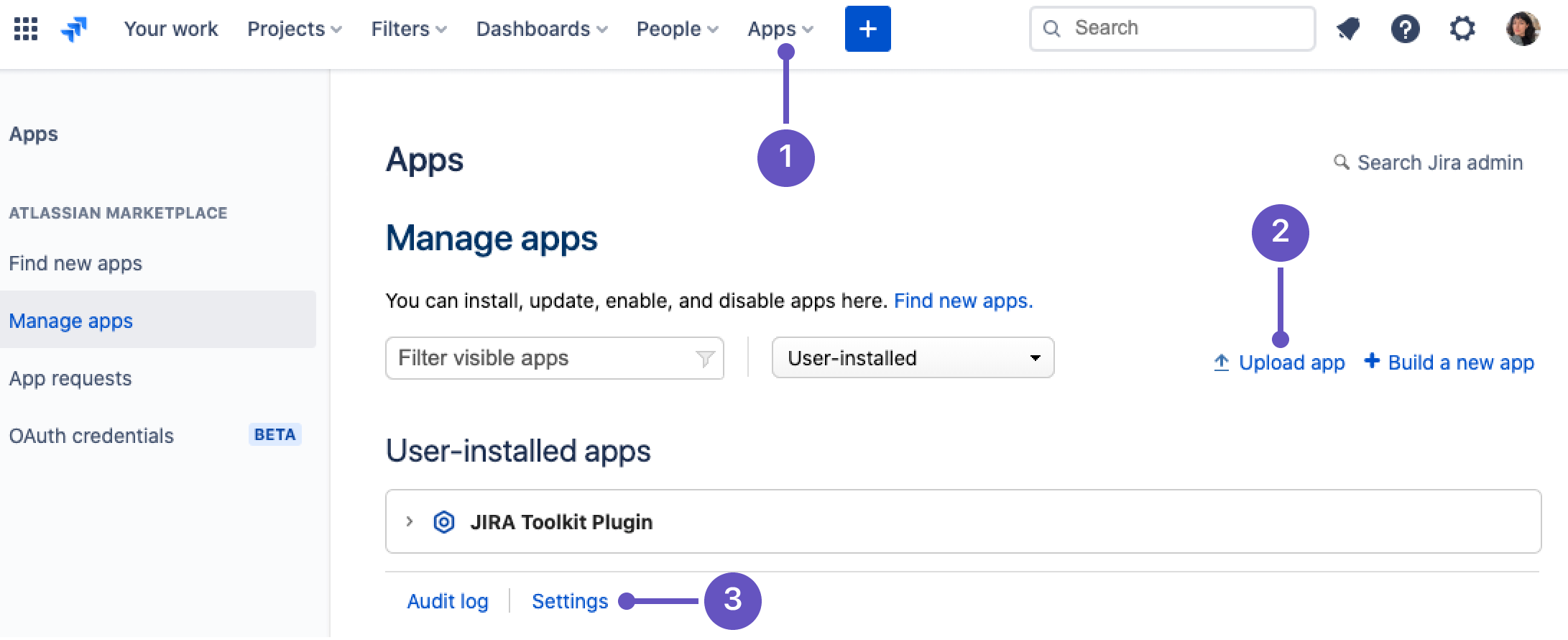 Manage apps in settings to upload a developer app