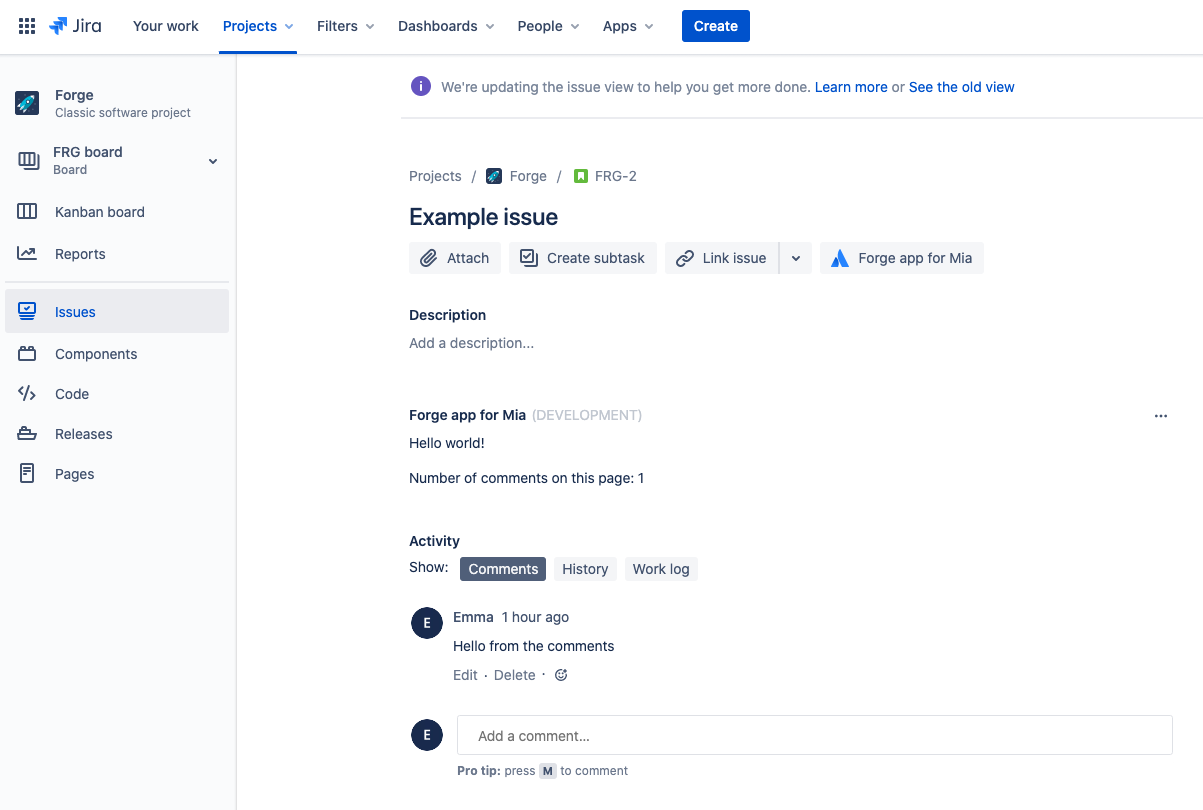 A Jira issue displaying the hello world forge app with comments counted