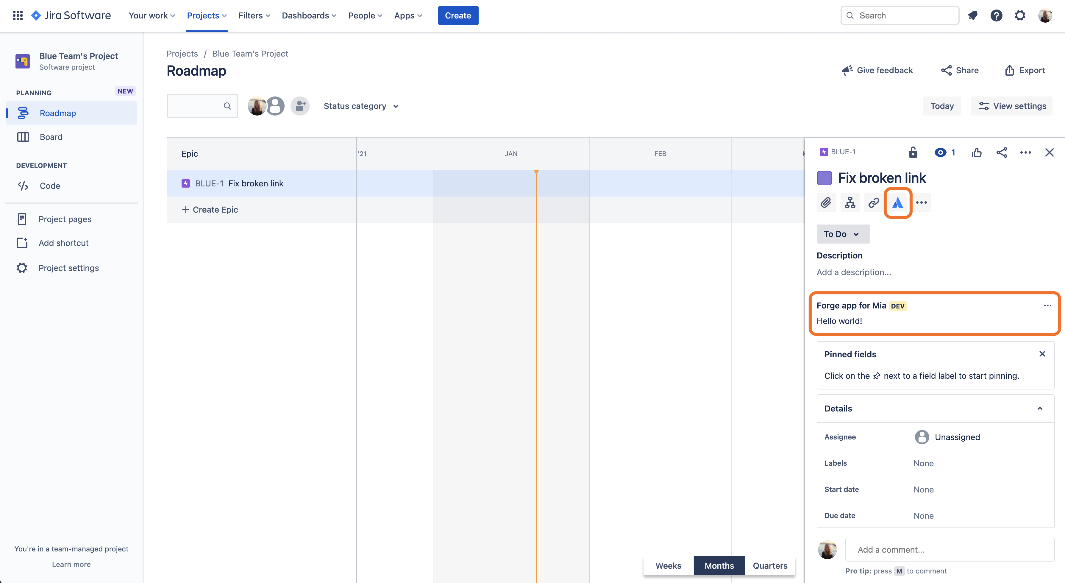 A Jira issue displaying the hello world forge app