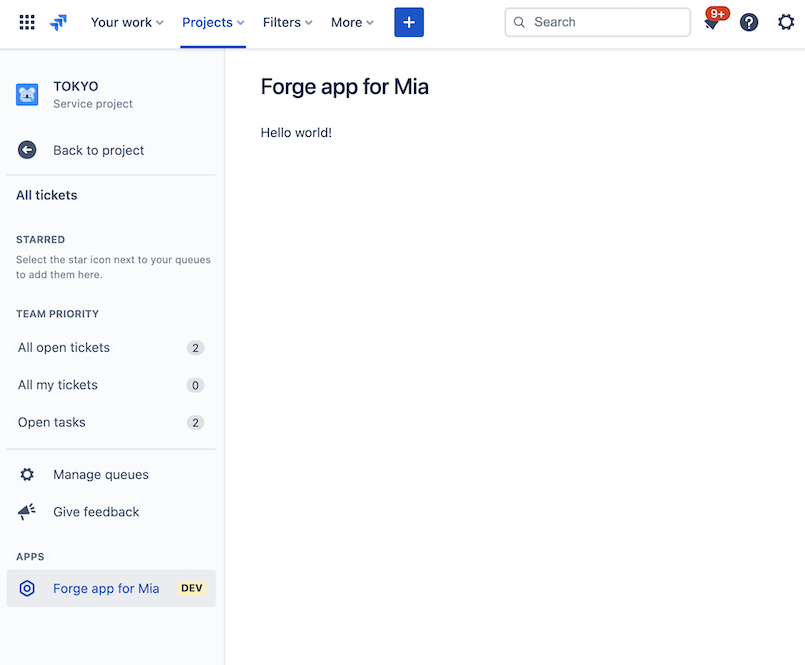 A Jira Service Management queue page displaying the hello world forge app