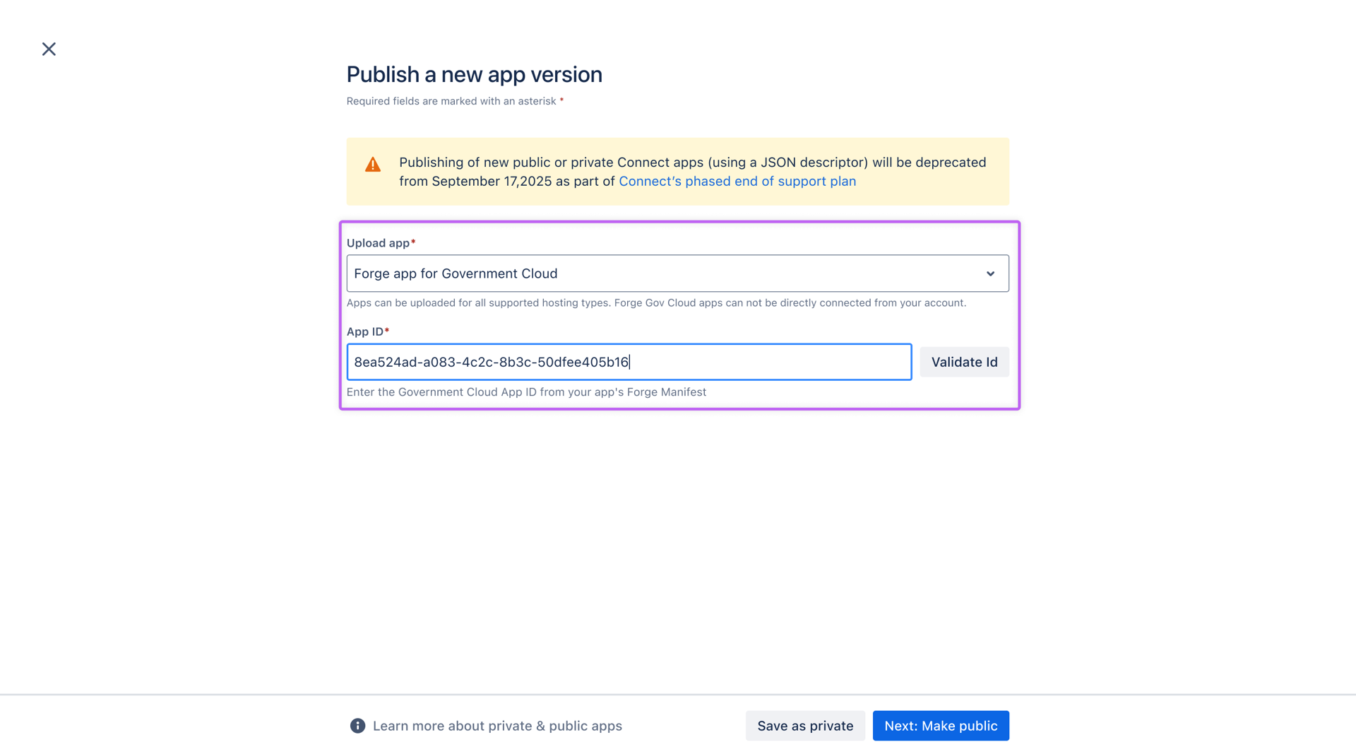 Image of the publish new app version screen